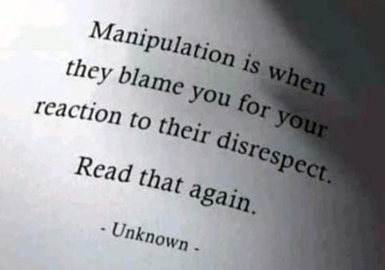text only: Manipulation is when they blame you for your reaction to their disrespect. Read that again. - unknown