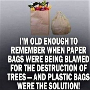 Picture of a paper bag and a plastic bag each filled with groceries. Caption: I'm old enough to remember when paper bags were being blmed for the destruction of trees - and plastic bags were the solution.