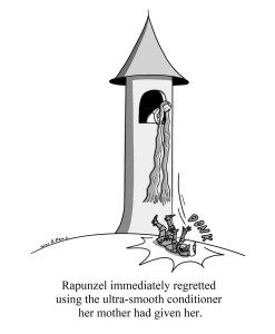 A tall tower with a lady leaning out a window at the top, her long hair flowing nearly to the ground where a knight is laying on his back with the word, "donk" next to him. Caption: Rapunzel immediately regretted using the ultra-smooth conditioner ber mother had given her.