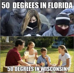 2 frames. Top photo of people wearing winter gear - puffy coats, hats, face covering - with the text 50 degrees in Floriday. Bottom photo of a family - mom, dad, son, daughter - in short-sleeved shirts, enjoying a picnic on a lawn, with the text 50 degrees in Wisconsin