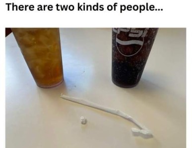 Title - There are 2 kinds of people... Photo of 2 beverages in a restaurant, in front of them are the papers from two straws; one of them is laying as it came off the straw. The other is rolled into a little ball.