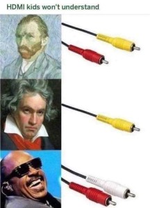 Title - HDMI kids won't understand. picture of VanGogh with a red and a yellow RCA cable next to him. picture of Beethoven with a yellow RCA cable next to him. Picture of Stevie Wonder with a red and a white RCA cable next to him.