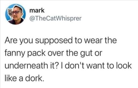 Social media post by Mark: Are you supposed to wear the fanny pack over the gut or underneath it? I don't want to look like a dork."