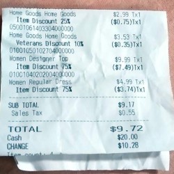 A receipt from the Volunteers of America thrift store: Home Goods $2.00 with a 25% discount of $0.75 Home goods $3.23 with a discount of 10% $0.35 Women Designer Top $9.99 with a discount of 75% $7.49 Women Regular Dress $4.99 with a discount of 75% $3.74 Total of $9.72 including $0.55 tax