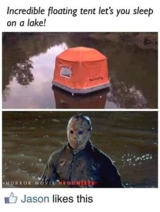 Title Incredible floating tent lets you sleep on a lake! 2 photos: top photo shows a fully enclosed orange tent floating in a lake. Bottom photo shows a creepy guy emerging from a lake wearing a black jacket and a bloody mask (from the horror movie Hedonists)