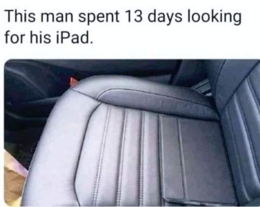 Photo of a gray leather car seat with an embossed stripe pattern across it. Barely noticeable is a case in the same color, also with a similar stripe across the top. Text: This man spent 13 days looking for his iPad.