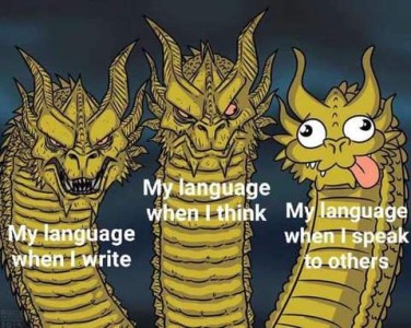 Cartoon drawing of 3 dragons. First one looks vicious and mean with the text "My language when I write." 2nd one is looking serious, giving a side glance to the 3rd with the text "my language when I think." 3rd one is looking goofy with googly eyes and tongue hanging out one side of his mouth with the text "my language when I speak to others."
