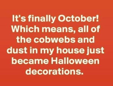 Text only. It's finally October! Which means, all of the cobwebs and dust in my house just became Halloween decorations.