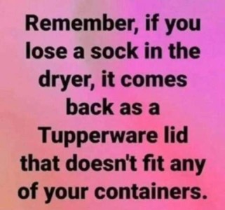 Text only: Remember, if you lose a sock in the dryer, it comes back as a Tupperware lid that doesn't fit any of your containers.