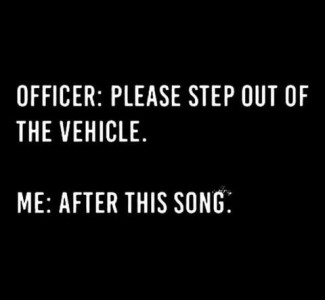 Text only Officer: Please step out of the vehicle. Me: After this song.