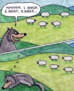 cartoon: top frame a wolf is looking at 5 sheep, saying, "MMmm. 1 sheep, 2 sheep, 3 sheep..." bottom frame wolf is sleeping.