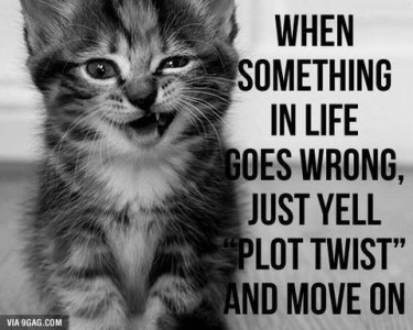[Black and white photo of a small kitten meowing.] When something in life goes wrong, just yell "plot twist" and move on