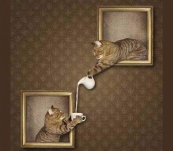 Two carpeted cutouts in a wallpapered wall with picture frames around them, In the top one is a gray tabby cat leaning down to his right holding a little pitcher of cream; in the lower one is a similar cat holding up a white cup to catch the cream.