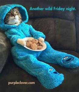 A cat leaning back in the corner of a chair, wearing Elmo footie pajamas with a hood, and a plate of cookies in his lap. Text: Another wild Friday night.