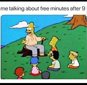 A elderly cartoon character talking to children out on a hill. Caption: Me talking about free minutes after 9