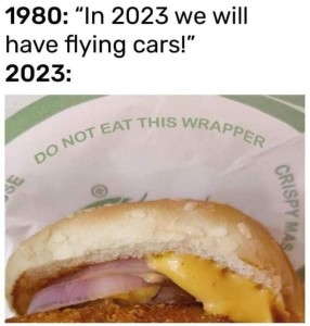 1980: "In 2023 we will have flying cars!" 2023: photo of a fast food breakfast sandwich on the paper it was wrapped in, which has the words, "Do not eat this wrapper"