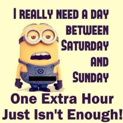 I cartoon picture of a minion guy saying, I really need a day between Saturday and Sunday...one extra hour just isn't enough!