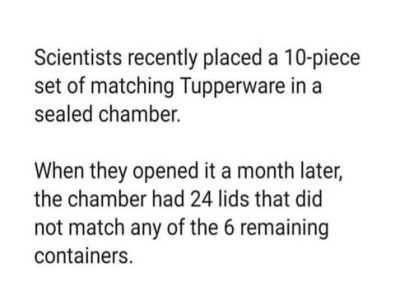 Scientists recently placed a 10-piece set of matching Tupperware in a sealed chamber. When they opened it a month later, the chamber had 24 lids that did not match any of the 6 remaining containers.