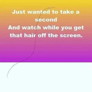 This text has a very thin slightly wavy dark line over it; the text says, Just wanted to take a second and watch while you get that hair off the screen.