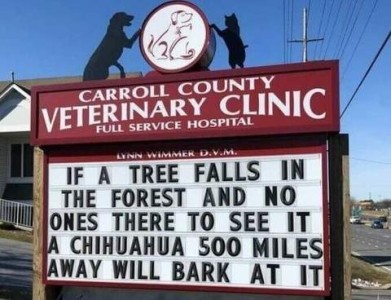 Photo of the sign in front of the Carroll County Veterinary Clinic: If a tree falls in the forest and no one's there to see it, a chihuahua 500 miles away will bark at it.