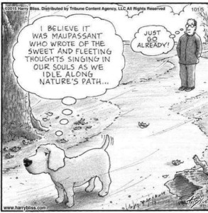 Cartoon drawing of a dog standing on a path next to a tree, his owner standing a few feet behind him. The thought bubble over the dog says, "I believe it was Maupassant who wrote of the sweet and fleeting thoughts singing in our souls as we idle along nature's path..." while the owner's thought bubble says, "Just go already!"