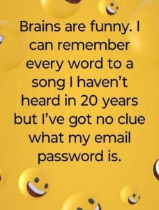 Text only: Brains are funny. I can remember every word to a song I haven't heard in 20 years but I've got no clue what my email password is.