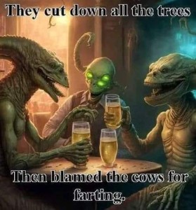 Picture of 3 monsters in a bar, sharing a beer and laughing as they talk. "They cut down all the trees, then blamed the cows for farting."