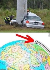 Top photo: rescue workers attending a car crash that shows a silver sedan wrapped around a large pole. Bottom picture: a globe, with a red arrow drawn on to point to the pin that holds the globe to the frame.