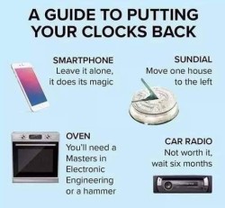 Title: A Guide to Putting You Clocks Back Smartphone: Leave it alone, it does its magic Sundial: Move one house to the left Oven: You'll need a masters in electronic engineering or a hammer Car Radio: Not worth it, wait six months