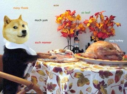 Photo of a photoshopped Shiba Inu sitting at a table with an autumn-themed tablecloth and centerpieces, and a turkey on a platter. His comments are scattered on the wall behind him: "many thank" "wow" "much yum" "so leaf" "such manner" "very turkey"