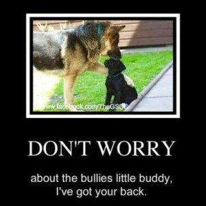 Photo of a German shepherd and a little black puppy, the big dog has his front paw on the pup's back as the puppy sits looking up at the Shepherd. Caption: Don't worry about the bullies little buddy, I've got your back.