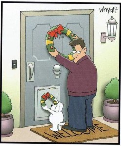 Cartoon of a man hanging a Christmas wreath on a door, while his little white dog hangs one on the doggie door next to him.
