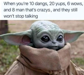 Close up of Baby Yoda's head and face, with the text, "When you're 10 dangs, 20 yups, 6 wow, and 8 man-that's-crazies, and they still won't stop talking.