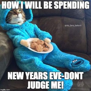 Photo of a gray tabby cat dressed in fuzzy blue Elmo footie jammies, sitting back on davenport with a plate of cookies on his lap. Caption: How I will be spending new years eve - don't just me!