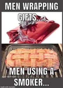 Top photo entitled Men Wrapping Gifts shows a present with paper haphazardly folded around an object with gobs of scotch tape holding it together, and holding the bow on top. Bottom photo entitled Men using a smoker shows a broiler pan with an impeccably wrapped meatloaf, each bacon slice perfect spaced and aligned.