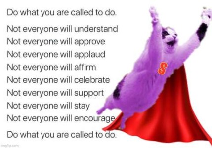 Picture of a cat leaping into the air while wearing a fuzzy pink one-piece pajama with an S on the front, and a red cape. Caption: Do what you are called to do. Not everyone will understand Not everyone will approve Not everyone will applaud Not everyone will affirm Not everyone will celebrate Not everyone will support Not everyone will stay Not everyone will encourage Do what you are called to do.