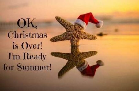 Photo of a starfish on a beach wearing a Santa hat, "standing" on one of its points as if dancing. Caption: OK, Christmas is over! I'm ready for summer!
