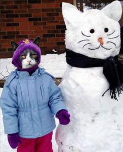 Photo of a snowman made to look like a cat with whiskers on its face, next to a cat wearing a child's snow pants, coat, and hat.