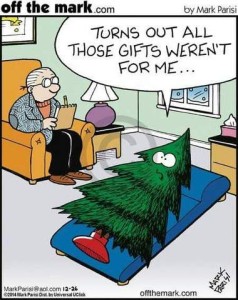 Cartoon of a Christmas tree, denuded of decoration, laying on a couch while a therapist sits next to him listening, a pad of paper and pencil in her hands. The tree is saying, "Turns out all those gifts weren't for me..."