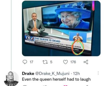 photo of a tv screen showing a news anchor announcing Queen Elizabeth's death with a photo of her laughing; along the bottom of the screen is additional information: "The queen is dead. Queen's eldest son, Charles, automatically becomes queen." Commenter writes, "Even the queen herself had to laugh."
