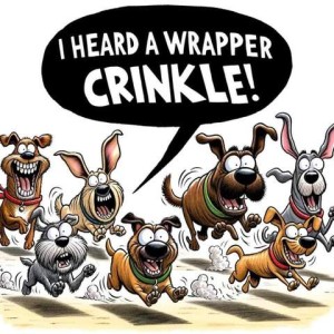 Cartoon of 7 dogs of various breeds running excitedly, mouths and eyes wide open, ears flopping, kicking up dust with their feet. One of them is saying, "I heard a wrapper crinkle!"