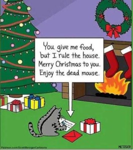 Cartoon of a cat sitting in front of a decorated Christmas tree with some gifts under it, and a fireplace with a roaring fire, stockings hanging from the mantel, and a wreath over it. The cat has a wrapped gift next to him and is writing in a card, "You give me food, but I rule the house. Merry Christmas to you. Enjoy the dead mouse."