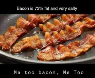 Title: Bacon is 74=3% fat and very salty. Photo of bacon frying in a pan with the caption, Me too, bacon, me too.