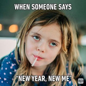 Photo of a young girl with unkempt hair and very bored expression on her face, doing an eye roll, a sucker in her mouth. Caption: When someone says, "New year, new me"
