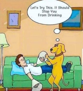 Cartoon of a man sleeping on an davenport and a dog putting e-collars over his hands, with the thought bubble, "Let's try this it should stop you from drinking."
