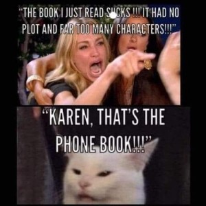 Famous meme of the crying blond pointing at the white cat; her brunette friend is next to her in a comforting pose. Top photo the blond woman is saying, "The book I just read sucks!!! It had no plot and far too many characters!!!" Bottom photo the white cat replies, "Karen, that's the phone book!!!"