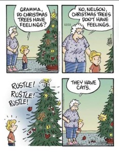Cartoon showing a Grandmother and a little boy, standing next to a Christmas tree. Boy: Gramma, do Christmas trees have feelings? Gramma: No, Nelson, Christmas trees don't have feelings. * boy looks surprised as tree starts rustling* Gramma: They have cats! Last frame shows ornaments on the floor, and a cat's head sticking out of the tree.