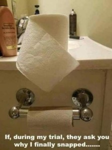 Photo of an empty toilet paper tube on the holder, with a new roll of toilet paper on the counter right above it. Caption: If, during my trial, they as you why I finally snapped...