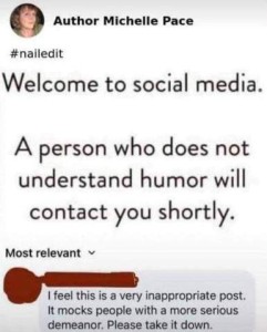 Screenshot of a social media post by Author Michelle Pace with the hashtag #nailed it. Original post says, "Welcome to social media. A person who does not understand humor will contact you shortly" and beneath that a comment saying, "I feel this is an inappropriate post. It mocks people with a more serious demeanor. Please take it down."