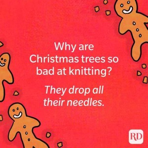 Why are Christmas trees so bad at knitting? They drop all their needles! Red background with a few drawings of gingerbread men strewn around.